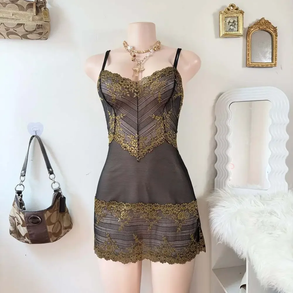 Y2K Black and Gold Lace Chemise Lingerie Dress